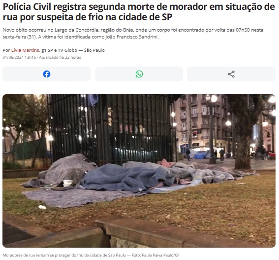 凍死らしき2人目の遺体を発見と市警が発表したと報じる1日付G1サイトの記事の一部