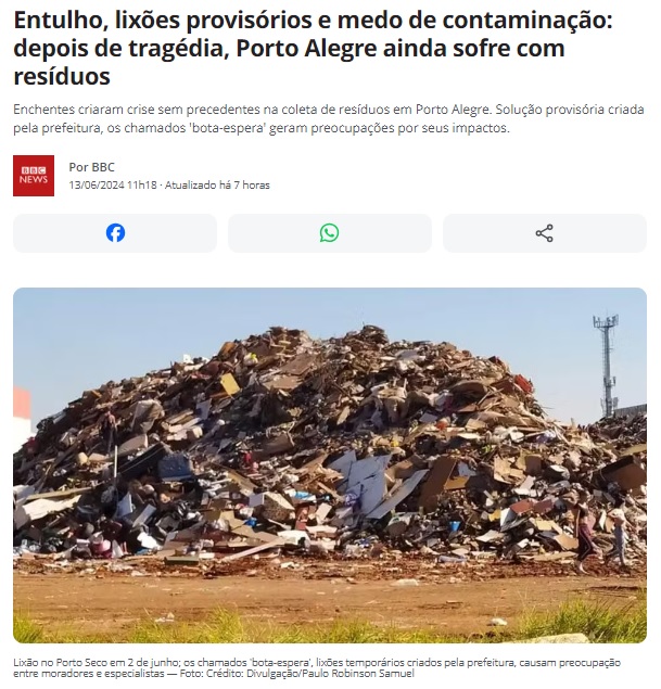 大水害で使い物にならなくなった家具類や瓦礫などでできた山（13日付BBCブラジルの記事の一部）
