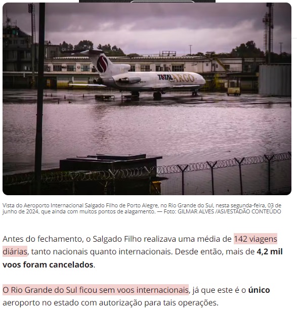 3日になっても冠水部分が残るサルガド・フィーリョ空港（3日付G1サイトの記事の一部）