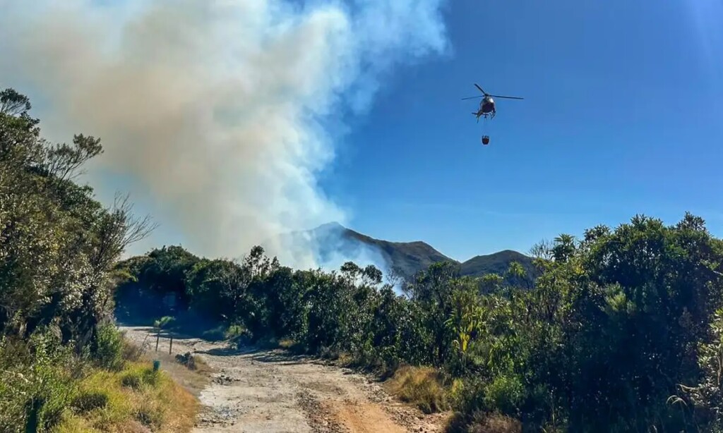 丘陵地帯の消火活動のために水を運ぶヘリコプター（©Corpo de Bombeiros RJ/Divulgacao）
