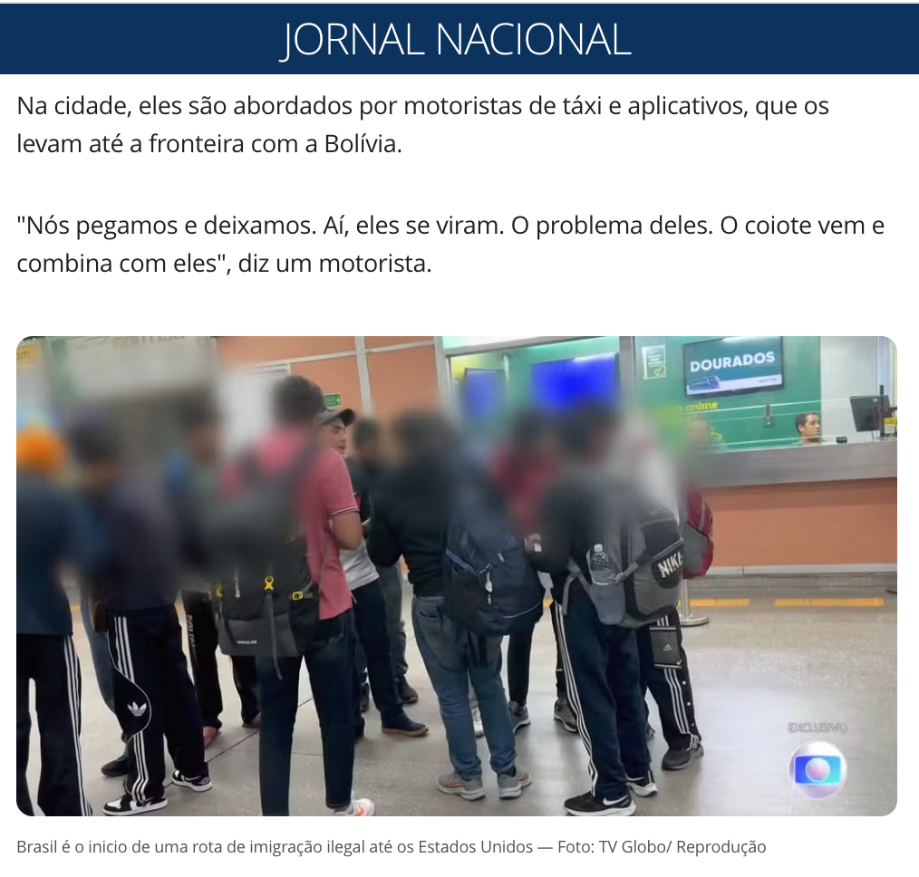 「米国不法入国の出発点としてブラジルを利用」と報じる6日付けジョルナル・ナショナルの一部