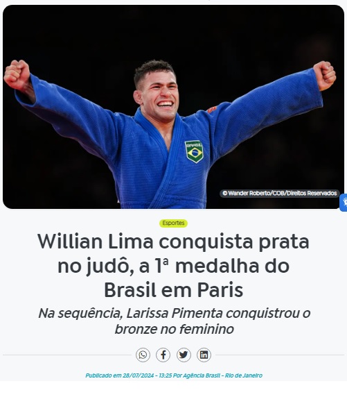 柔道男子のリマが今大会初のメダルを獲得、ラリッサがそれに続いたと報じる28日付アジェンシア・ブラジルの記事の一部