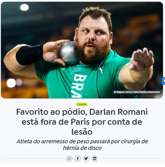 ラマニが故障で五輪参加を断念と報じる２３日付アジェンシア・ブラジルの記事の一部
