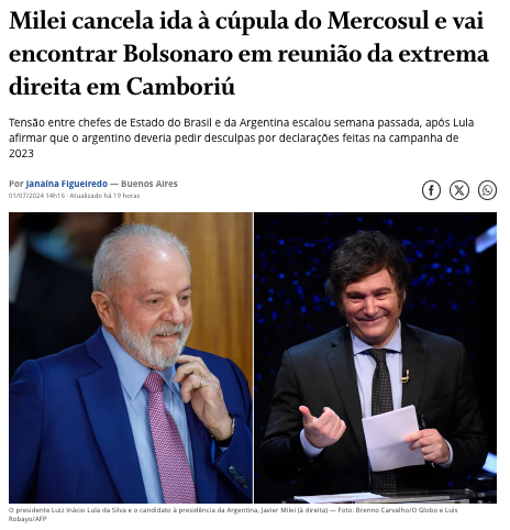 ルーラ・ブラジル大統領（左）とミレイ・アルゼンチン大統領（右）(1日付オ・グローボ紙サイトの記事の一部)