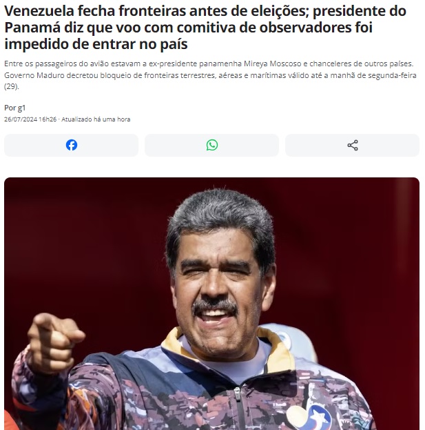 ベネズエラが国境を封鎖と報じる26日付G1サイトの記事の一部