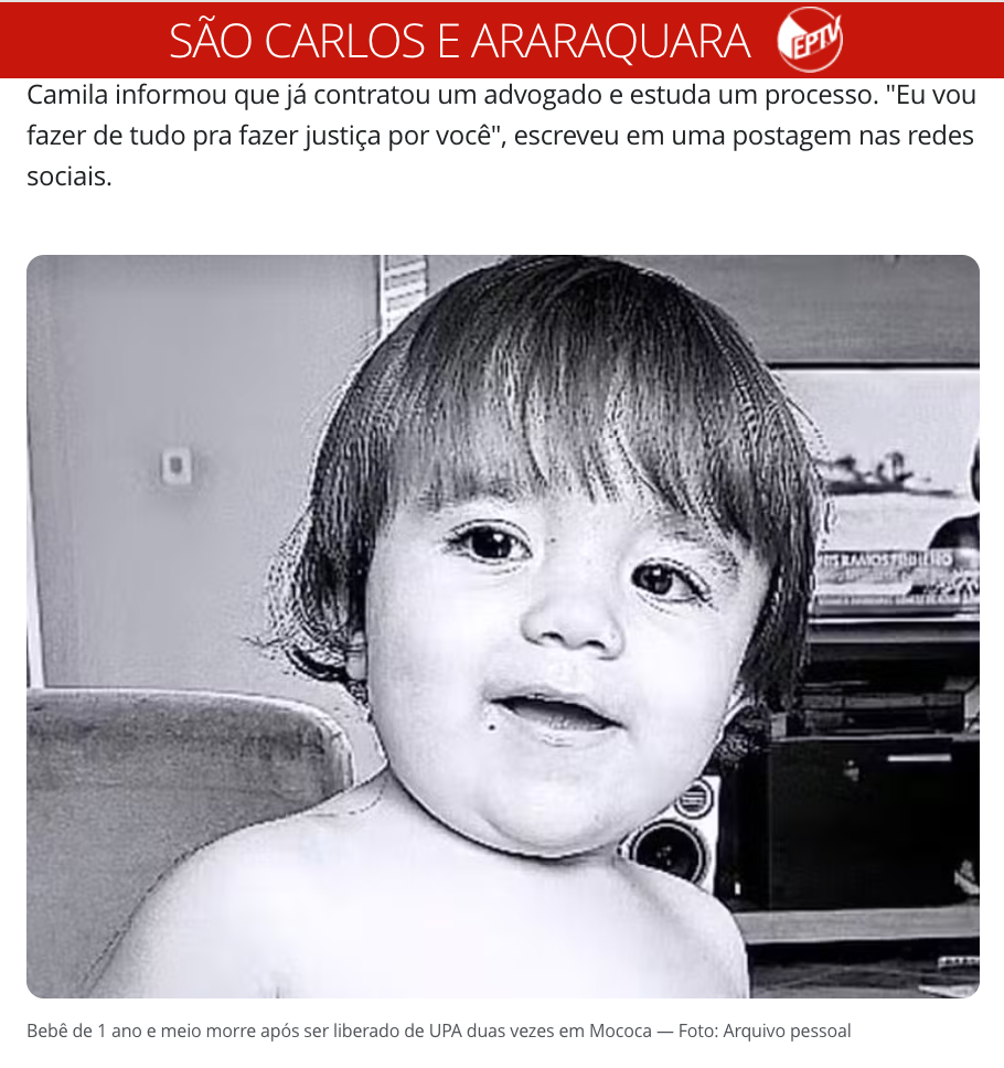 1歳半で命を落としたテオ・ソウザくん（19日付G1サイトの記事の一部）