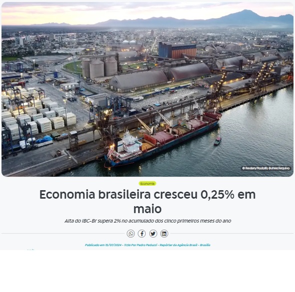5月の経済活動指数が0・25％上昇と報じる15日付アジェンシア・ブラジルの記事の一部