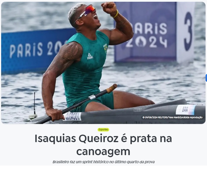 カナディアンシングル1千メートルで銀メダル取得を決めて喜ぶイザキアス（9日付アジェンシア・ブラジルの記事の一部）