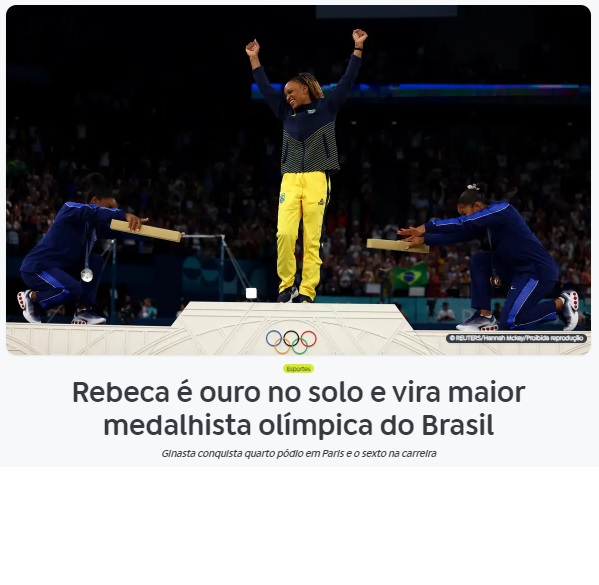 表彰台の上で金メダリストのレベッカへの敬意と愛情を示すバイルズとジョーダン・チルズ（米国）（5日付アジェンシア・ブラジルの記事の一部）