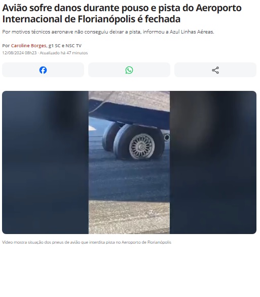 着陸時のタイヤ破損で国際空港の滑走路閉鎖と報じる12日付G1サイトの記事の一部