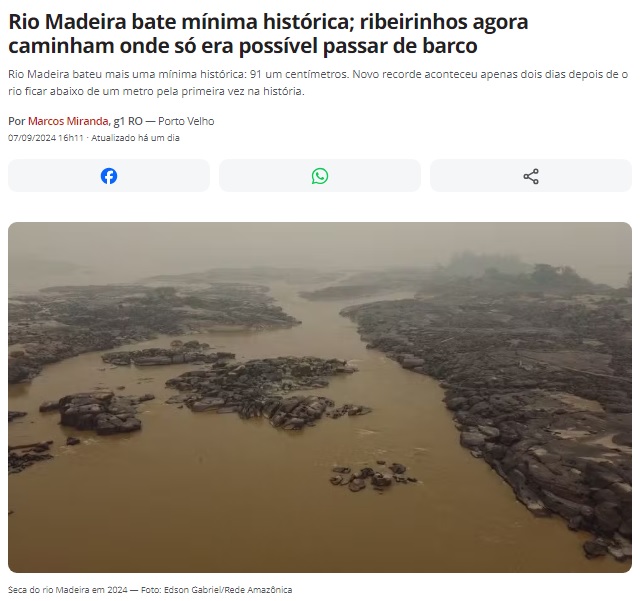 マデイラ川の水位が過去最低を記録と報じる7日付G1サイトの記事の一部