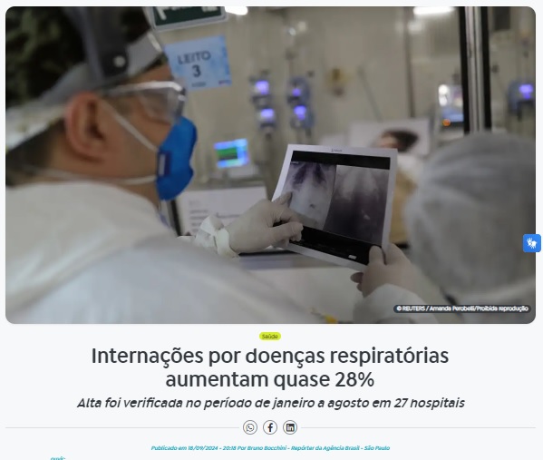 呼吸器疾患による入院者が増加と報じる18日付アジェンシア・ブラジルの記事の一部