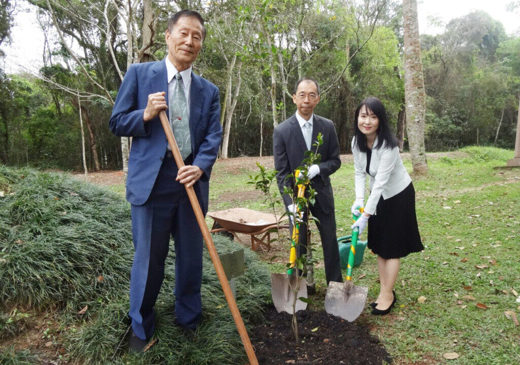 椿の苗を記念植樹する（左から）広瀬会長、清水総領事、淳子夫人