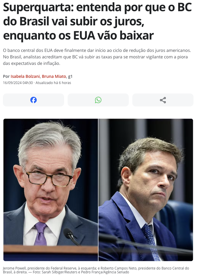 連邦準備制度理事会議長のジェローム・パウエル議長（左）と、ブラジル中銀のロベルト・カンポス・ネット総裁（右）（16日付G1サイトの記事の一部）