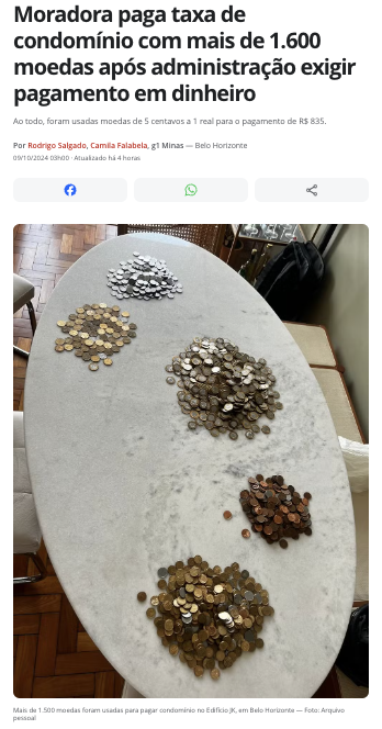 管理費の支払いに使われた1663枚の硬貨（9日付G1サイトの記事の一部）