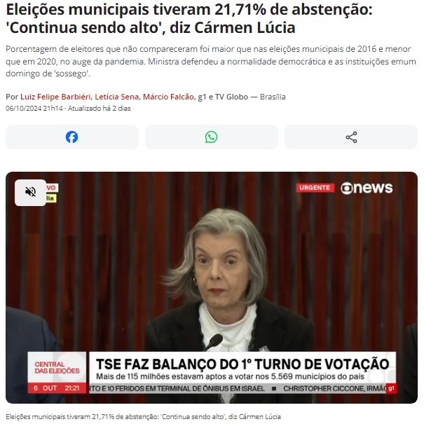 一次投票の結果を報告するカルメン・ルシア選挙高裁長官（6日付G1サイトの記事の一部）