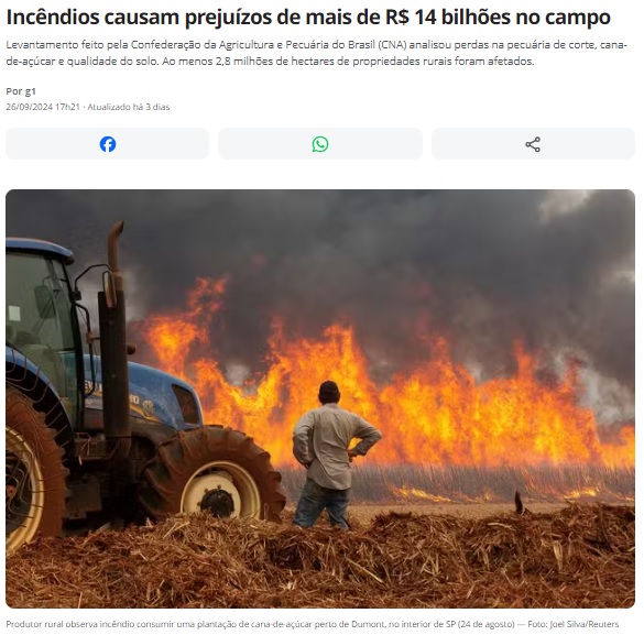 農業関連の被害は140億レと報じる9月26日付G1サイトの記事の一部