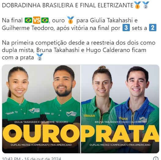 混合ダブルスで金・銀を独占したブラジル勢コンビ（ブラジル卓球連盟の公式Ⅹより）