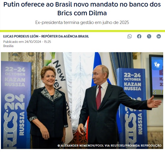 プーチン氏がジルマ氏の新開発銀行総裁続投を提案と報じる24日付アジェンシア・ブラジルの記事の一部