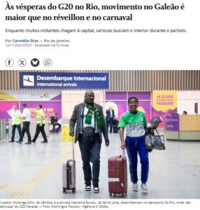 Ｇ２０や大型休暇でガレオン空港利用者は大晦日やカーニバル以上になると報じる１４日付オ・グローボの記事の一部（写真は並行開催の会合に参加するザンビアからの訪問者）