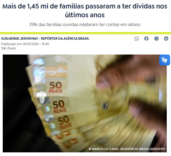 145万世帯が借金を負った経験ありと報じる4日付アジェンシア・ブラジルの記事の一部