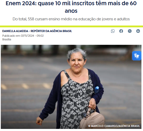 60歳以上のEnem受験者が1万人近くいると報じる7日付アジェンシア・ブラジルの記事の一部