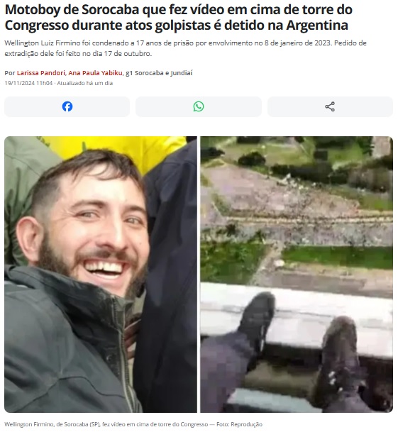 連邦議会の塔の上から動画を撮影したソロカバのモトボーイがアルゼンチンで逮捕されたと報じる19日付G1サイトの記事の一部