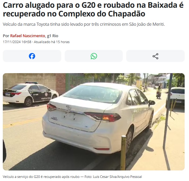 G20関連のサービス提供後に盗まれ、ナンバープレートも外された車（17日付G1サイトの記事の一部）