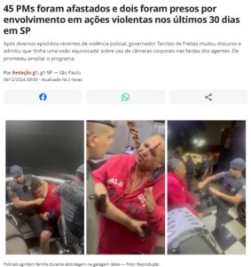 禁止されている首の締め上げを行う警官や警棒で殴られて流血した上、警官に蹴られた女性の写真を添え、軍警の暴力行為について報じる6日付G1サイトの記事の一部