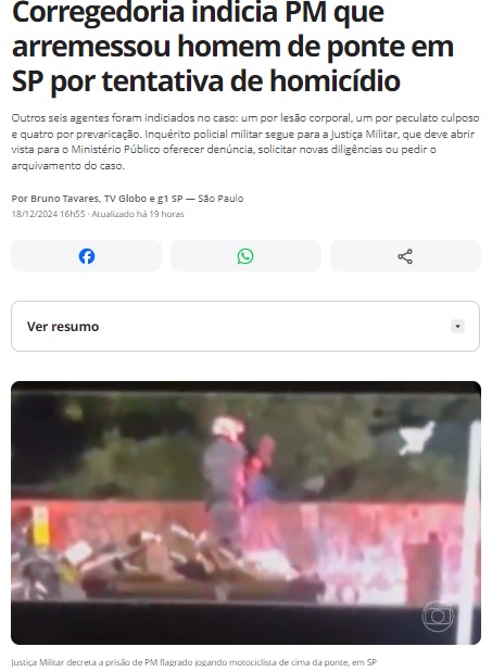 青年を投げ落とした軍警が殺人未遂で書類送検されたと報じる18日付G1サイトの記事の一部