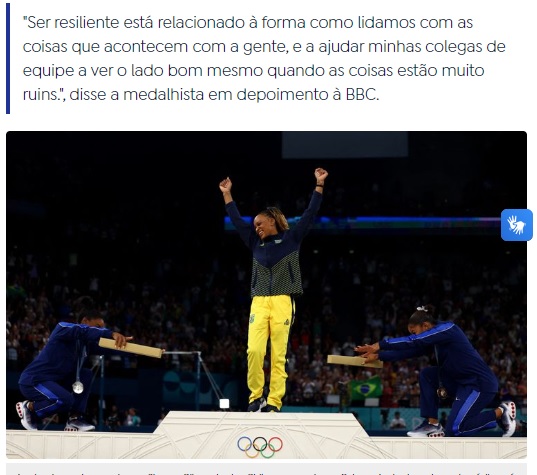 バイルズ、チリズの両選手から表敬を受けるレベッカ（3日付アジェンシア・ブラジルの記事の一部）