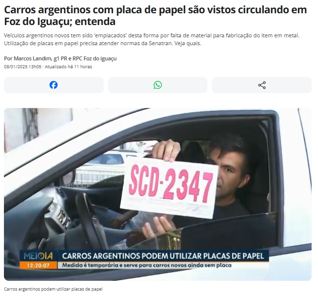 紙のナンバープレートを示すアルゼンチン人運転手(8日付G1サイトの記事の一部)