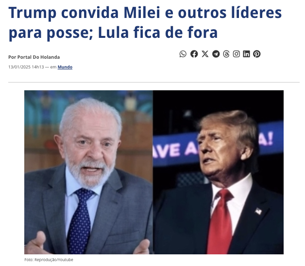 ルーラ大統領はトランプ氏の大統領就任式に出席しない（13日付ポルタル・ド・オランダの記事の一部）