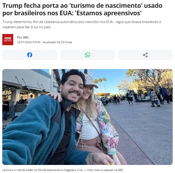 トランプ氏が「出産ツーリズム」を禁じたと報じる23日付G1サイトの記事の一部（写真は米国で長女の誕生を待っているブラジル人夫妻）
