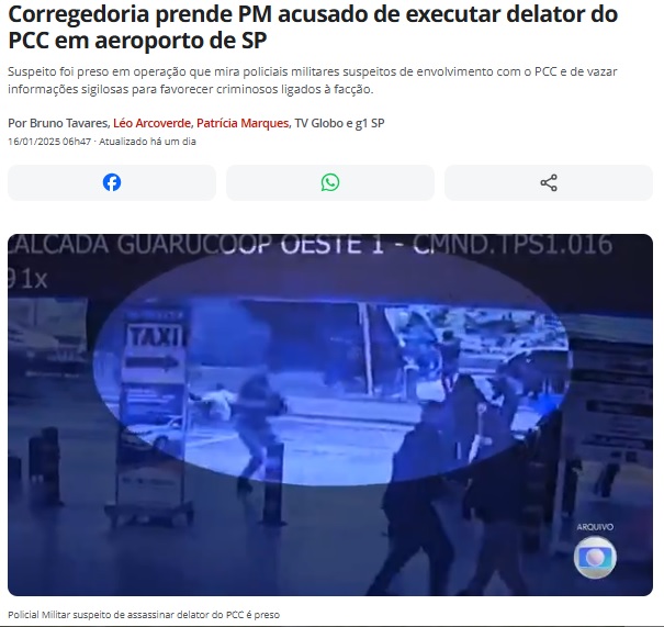 グリッツバック氏殺害の実行犯の1人を逮捕と報じる16日付G1サイトの記事の一部（写真右手は小銃を乱射する実行犯、写真左手は被弾して倒れるグリッツバック氏）