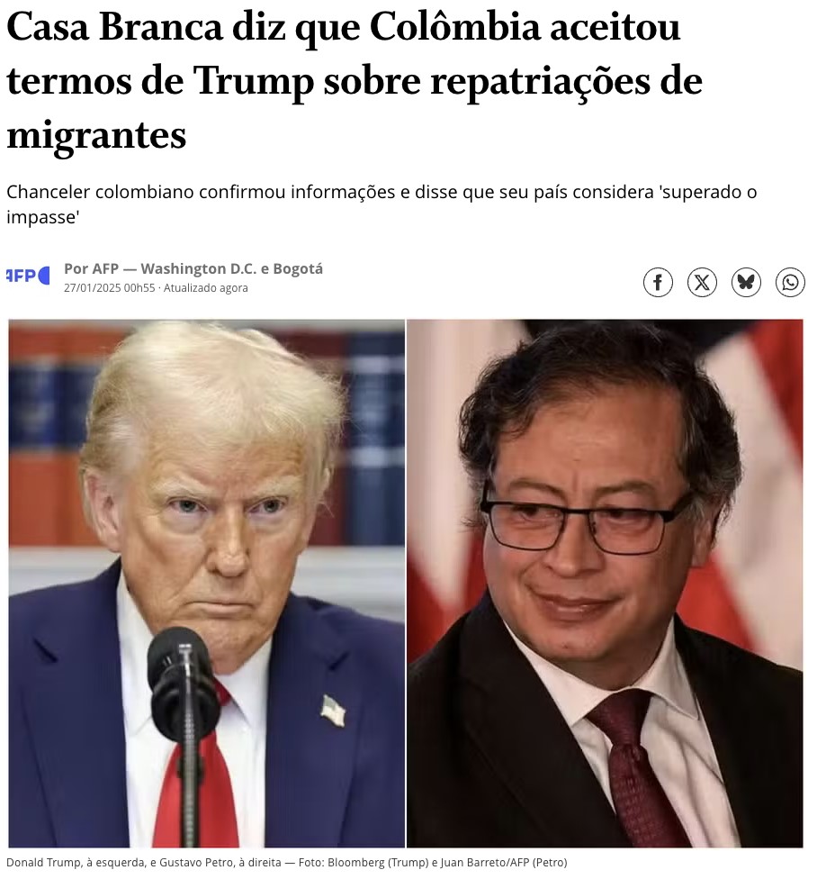 ドナルド・トランプ米大統領（左）とグスタボ・ペトロ・コロンビア大統領（右）（27日付オ・グローボ・サイトの記事の一部）