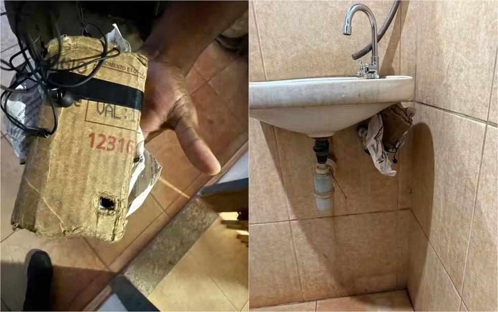 トイレ内に設置されていたカメラ付き携帯電話（Foto: Polícia Civil/Divulgação）