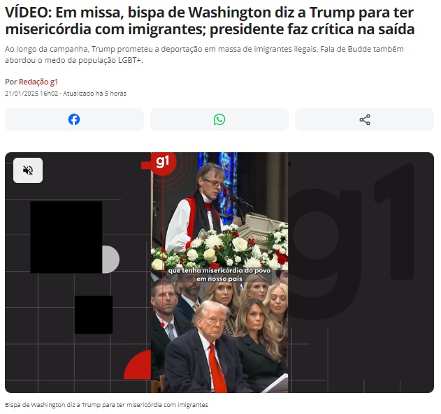 「この国の民に慈悲の心を」と説く司教とそれを聞くトランプ氏（21日付G1サイトの記事の一部）