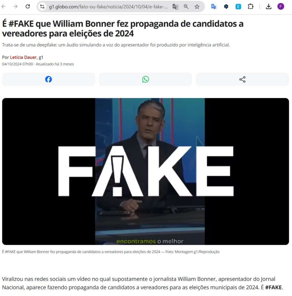 ボーネルが特定の市議会議員の推薦をしているフェイク動画を告発するG1記事
