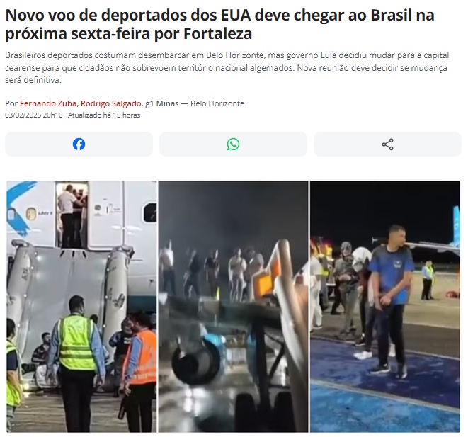 今回の国外追放者はフォルタレーザで受け入れと報じる3日付G1サイトの記事の一部（写真は1月24日のマナウス到着の国外追放者の様子）