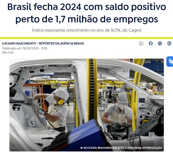 正規雇用者が170万人弱増えたと報じる1月30日付アジェンシア・ブラジルの記事の一部