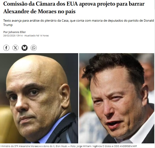 米国下院の委員会がモラエス最高裁判事の入国を阻む法案を承認と報じる26日付オ・グローボの記事の一部