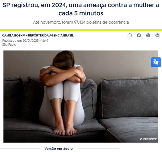 女性への脅威に関する被害届は5分に1件と報じる1月30日付アジェンシア・ブラジルの記事の一部