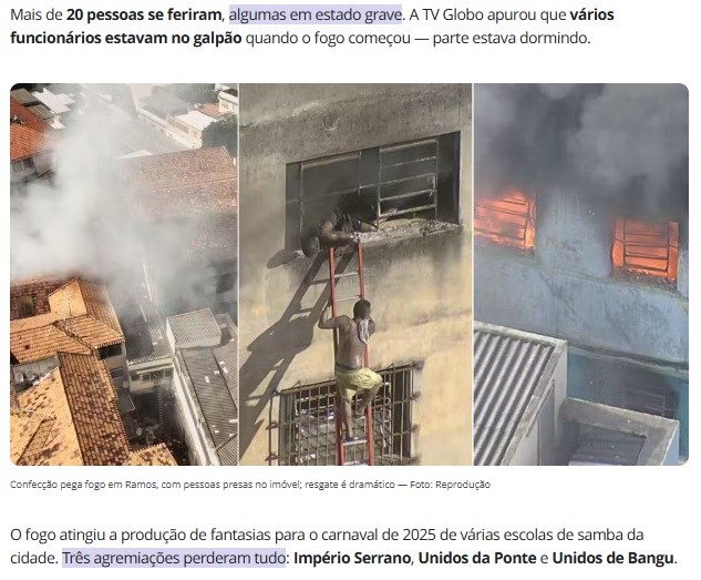 アクセスが困難な場所での火災で窓から逃げる人々や内部の火災の激しさを示す炎（12日付G1サイトの記事の一部）