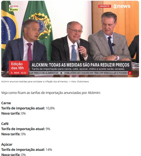 関税ゼロ化などの食品インフレ抑制策を発表するアルキミン副大統領（中央、6日付G1サイトの記事の一部）