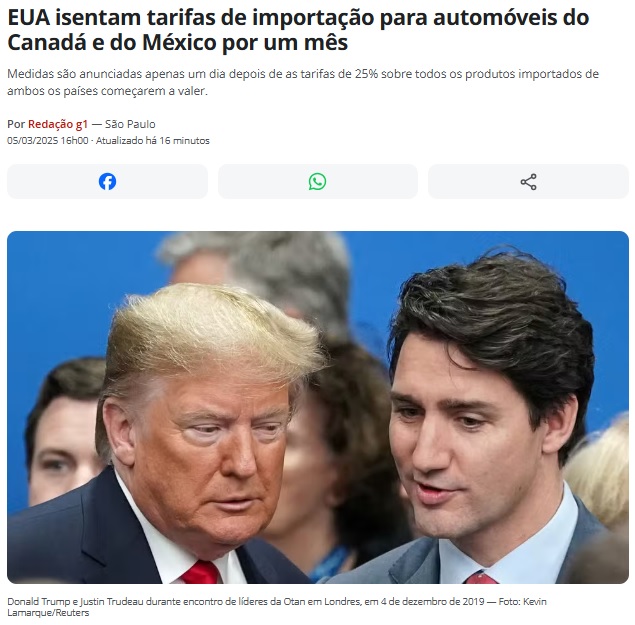 カナダとメキシコからの自動車関連の商品の関税引き上げ延期を報じる5日付G1サイトの記事の一部