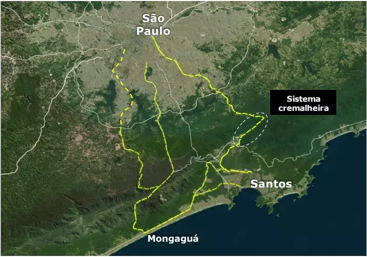 検討中の都市間鉄道南部線のルート（Divulgacao/Governo do Estado de SP）