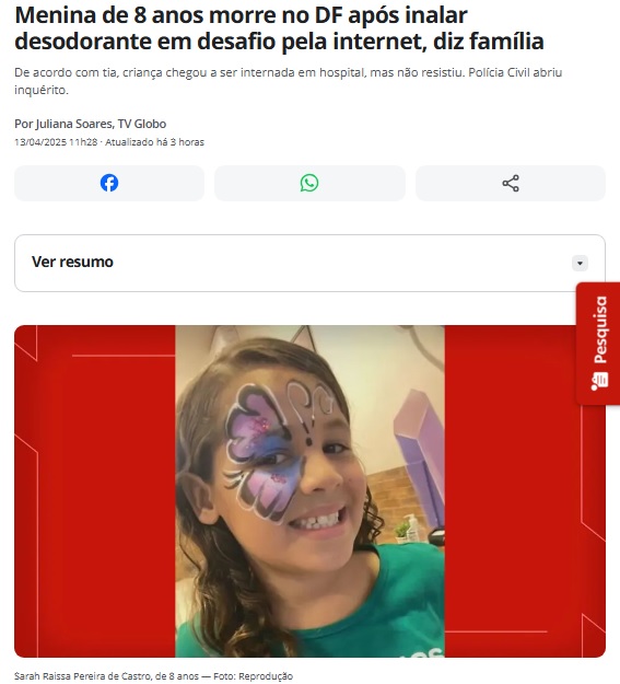 8歳の少女がオンラインチャレンジで死亡したと報じる13日付G1サイトの記事の一部