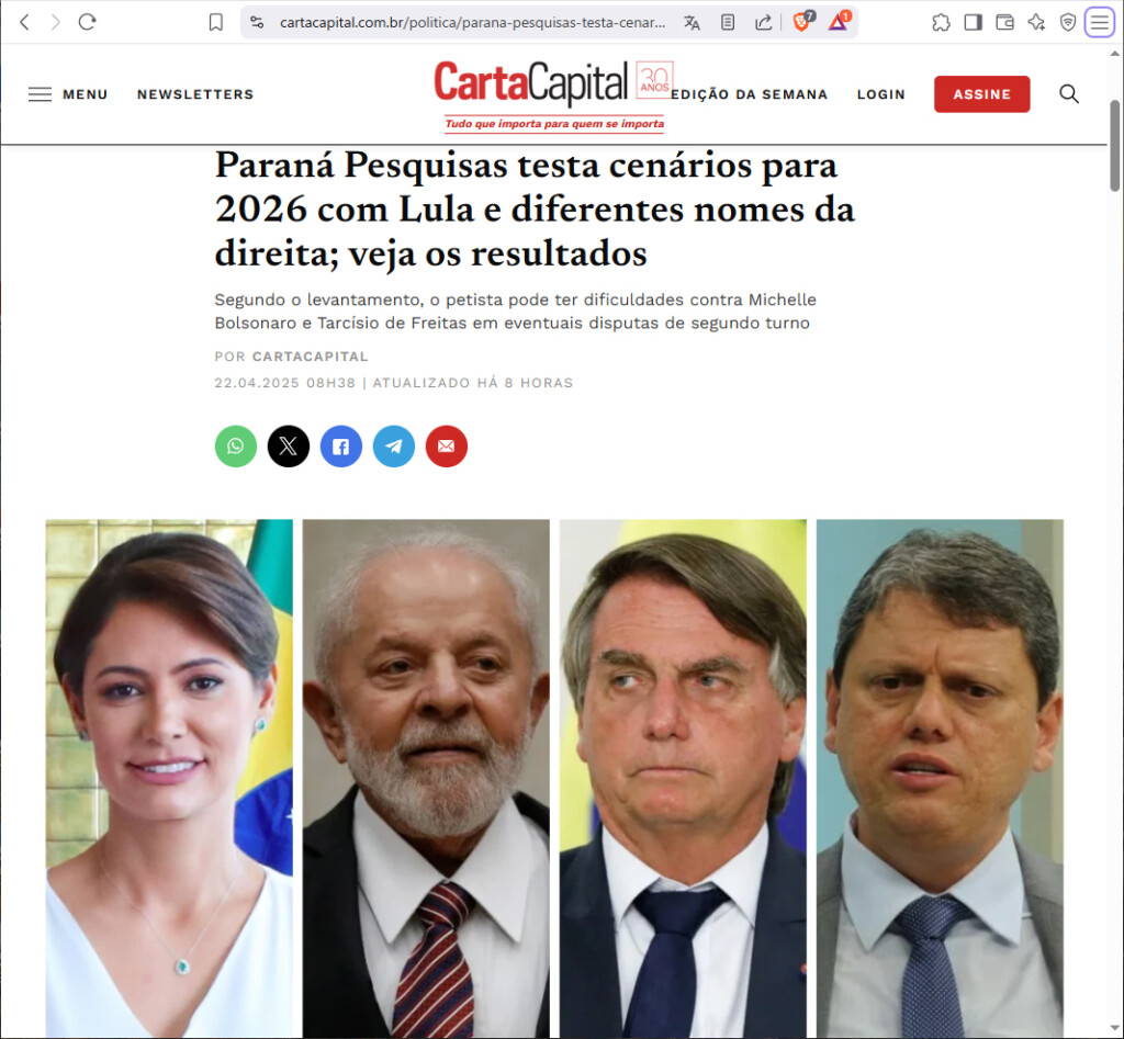 大統領候補に指名される可能性がある人々（ミシェレ氏、ルーラ氏、ボルソナロ氏、タルシジオ氏）（22日付カルタ・カピタルの記事の一部）
