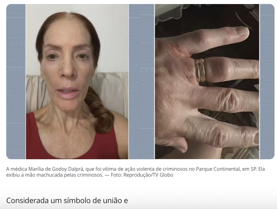マリリアさんは強盗犯に襲われ、抵抗した際に手を噛まれた（15日付G1サイトの記事の一部）